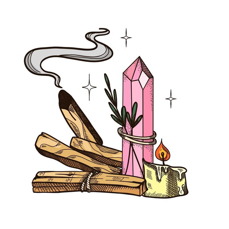 Vector palo santo y cristal palos dibujados a mano y cuarzo minerales mágicos y velas aromaterapia para la meditación y la relajación estilo de boceto de madera aromática dibujo de estilo yoga e ilustración vectorial esotérica