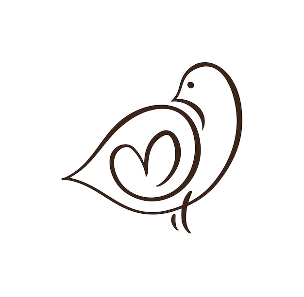 Paloma de amor vectorial con icono de plantilla de diseño de logotipo de corazón. paloma con corazón al estilo garabato. pájaro de arte lineal