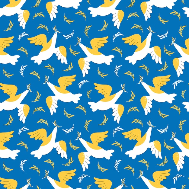 Paloma blanca de la paz con una rama de olivo patrón plano sin costura vectorial en azul y amarillo pájaro volador sobre un fondo azul diseño para envolver papel textil papel tapiz impreso