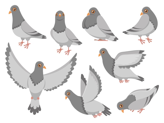 Paloma de dibujos animados ciudad paloma pájaro, palomas voladoras y pueblo  aves palomas conjunto de ilustración aislada | Vector Premium
