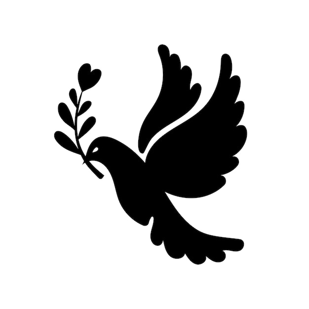 Paloma negra silueta paloma de la paz con rama de olivo. Ilustración dibujada a mano por la paz mundial