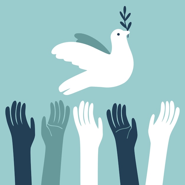 Vector paloma de la paz pájaro mano estilo de dibujos animados día internacional de la paz paz en el mundo concepto no violencia vector