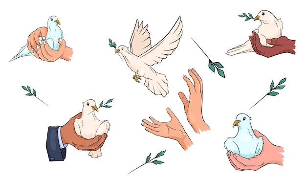 Vector paloma con una ramita en el pico palomas en mano paz mundial