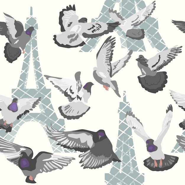 Palomas grises en la ilustración de vector de patrones sin fisuras de París