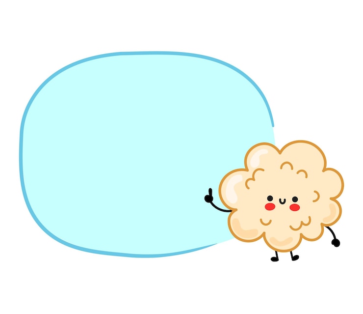 Vector palomitas de maíz divertidas felices lindas con la caja del discurso. vector dibujado a mano dibujos animados kawaii personaje ilustración pegatina logo icono. aislado sobre fondo blanco. concepto de personaje de dibujos animados lindo feliz palomitas de maíz