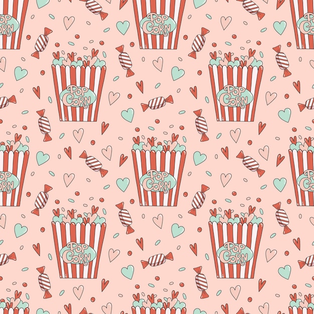 Palomitas de maíz con película romántica de patrones sin fisuras para el papel tapiz del día de San Valentín