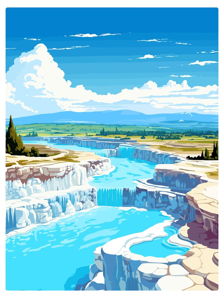 Vector pamukkale cartel de viaje vintage souvenir tarjeta postal pintura de retrato ilustración de wpa