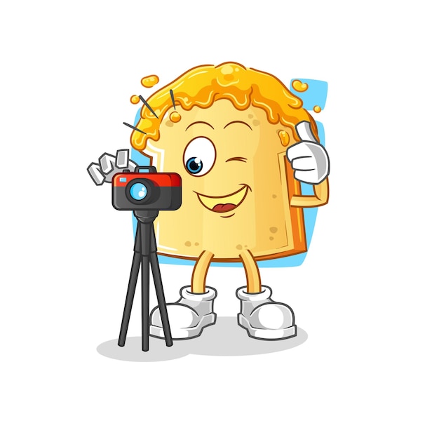 Pan con carácter de fotógrafo de miel. vector de mascota de dibujos animados