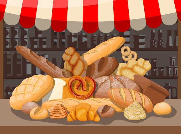 Vector pan en cesta de mimbre y puesto en el mercado. pan integral, de trigo y de centeno, tostadas, pretzel, ciabatta, croissant, bagel, baguette francés, bollo de canela.