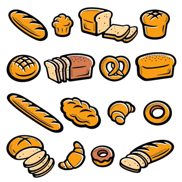 pan, conjunto, colección, pan, iconos, vector