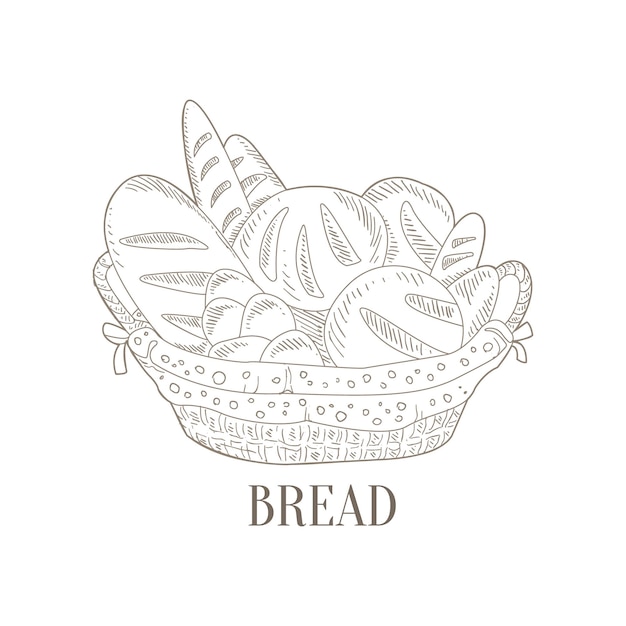 Vector pan diferente en cesta de mimbre boceto realista dibujado a mano