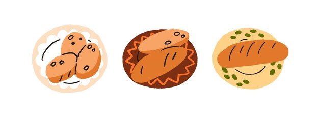 Pan fresco servido en platos de panadería comida fermentada bocadillo pan de baguete y pedazos cortados rebanadas panes de trigo panes de masa productos alimenticios Ilustración gráfica vectorial plana aislada sobre fondo blanco