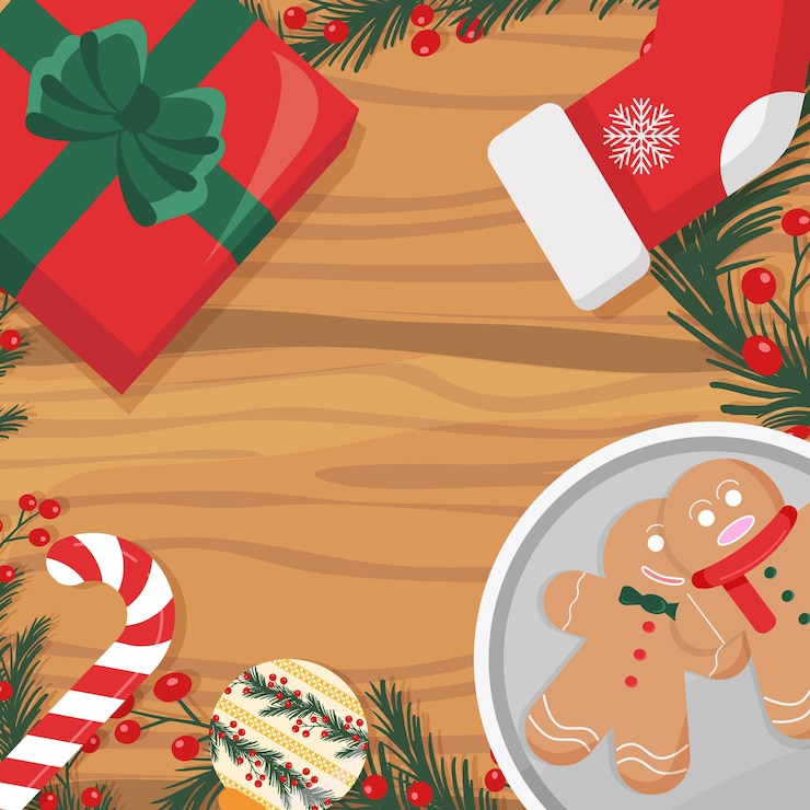 Vector pan de jengibre y caramelos de navidad en la mesa ilustración plana