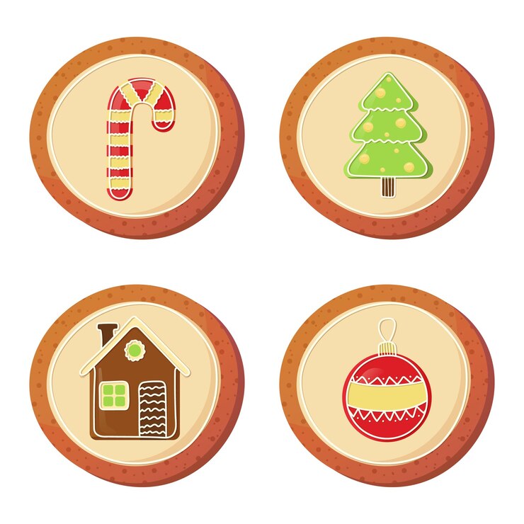 Vector pan de jengibre configurado al estilo de dibujos animados galleta de navidad con casa decoración de caña de caramelo de juguete de árbol de navidad ilustración vectorial colorida aislada sobre fondo blanco