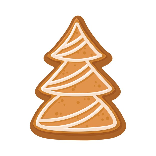 El pan de jengibre en forma de abeto está decorado con patrones de esmaltado blanco Ilustración vectorial