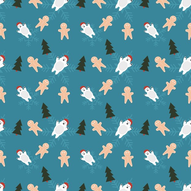 Pan de jengibre hombre oso polar árbol de navidad copos de nieve patrón de repetición vectorial patrón de repetición de navidad dibujado a mano para papel tapiz de fondo envoltura de regalo banner de embalaje textil