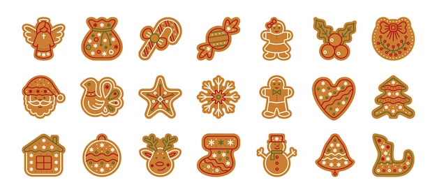 Vector pan de jengibre de navidad, galleta de navidad, comida dulce para hornear en casa, conjunto de iconos de dibujos animados plana de galleta de jengibre.