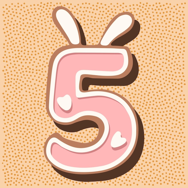 Pan de jengibre navideño en forma de número con orejas de conejo glaseado de corazones rosas blancos