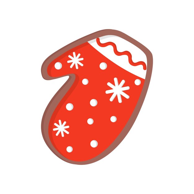 Pan de jengibre de vacaciones en forma de manopla de invierno Galleta de galleta sabrosa decorada con glaseado de colores Tema de Navidad Icono de vector plano