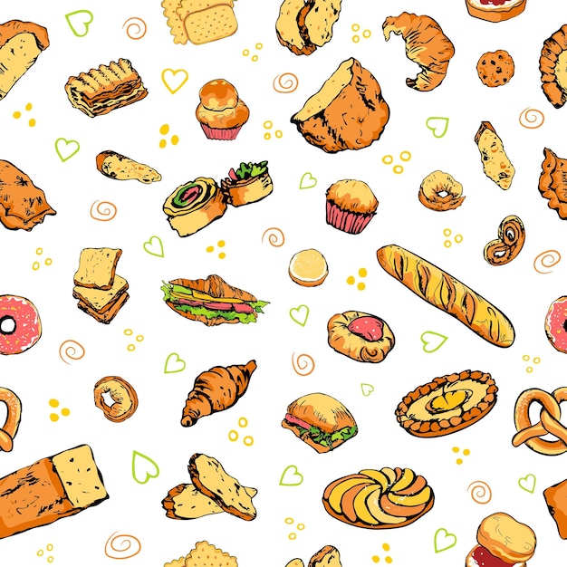 Pan y panadería dibujados a mano de colores