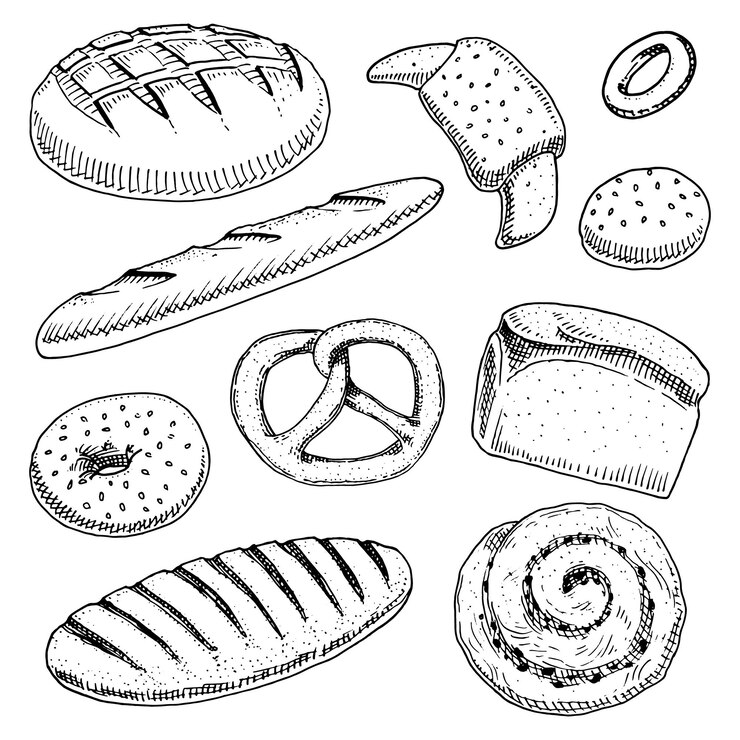 Vector pan y pastelería donut pan largo baguette y cupcake y bollo dulce o pretzel grabado a mano dibujado en boceto antiguo y estilo vintage para la etiqueta del cartel y el menú panadería comida orgánica de harina