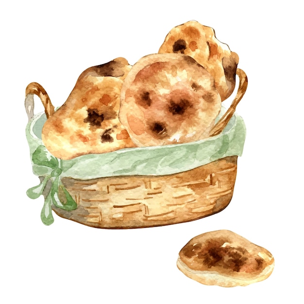 Pan de Pitta en una canasta de paja Ilustración de acuarela aislada sobre fondo blanco Lavash de naan dibujado a mano para panadería Varias pitas Elemento para el diseño de señalización de panadería libro de cocina