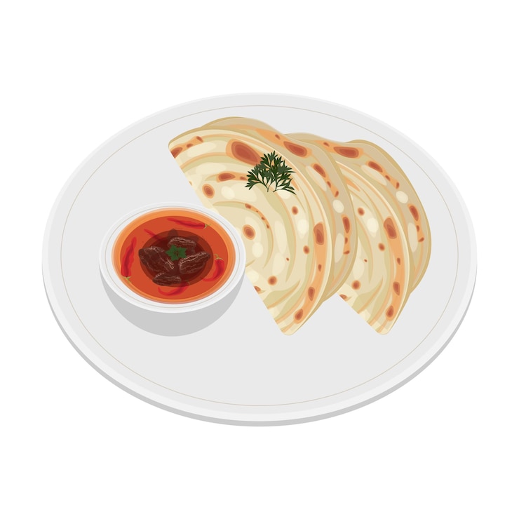 Pan plano Parotta Paratha o Canai con curry Logotipo de ilustración vectorial