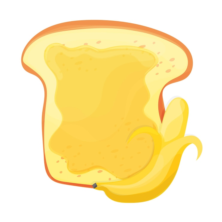 Vector pan tostado - rebanada de plátano en la parte superior para el desayuno, mermelada de mantequilla aislado sobre fondo blanco.