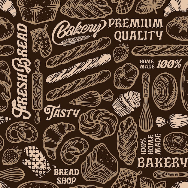 pan de vector tipográfico de estilo vintage y patrón o fondo sin costuras de panadería. pan y panadería