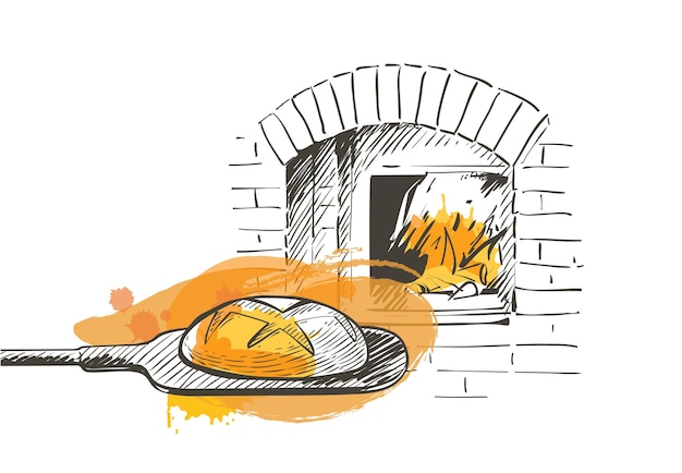 Pan vectorial en una pala horneada en un horno de leña ilustración de dibujo a mano de boceto de línea vintage