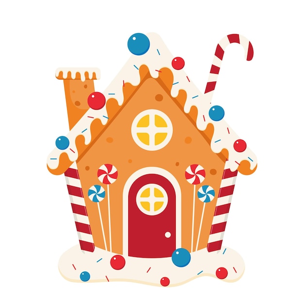 Panadería casa galletas de jengibre de Navidad en forma de casas con adornos de caramelo dulces y regalos de Navidad piruletas rayadas ilustración vectorial