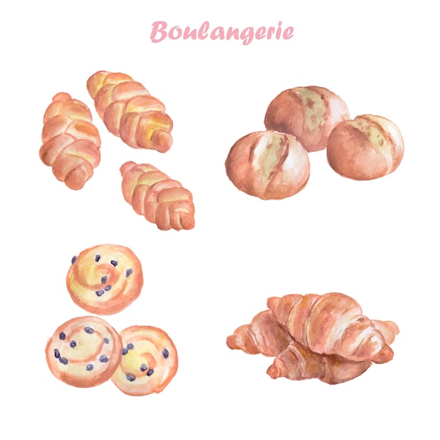 Panadería, croissant, bollo, brioche, bollo de pan, ilustraciones de alimentos de acuarela