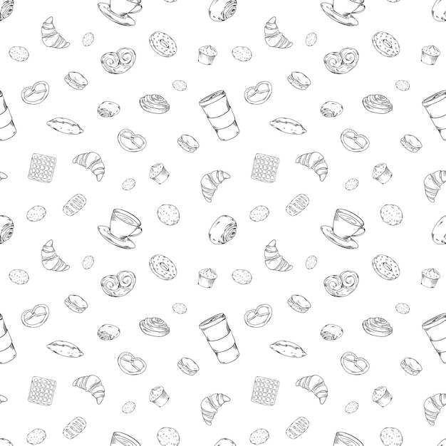 Panadería había pintado ilustraciones conjunto patrón sin costuras garabateo panes de café taza de capuchino croissant taza de desayuno panadería pastelería deign patrón de comida bertzel macarrón canela semilla de amapola