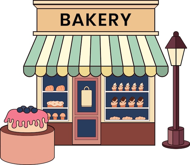 Panadería con ilustración de pastel en estilo garabato
