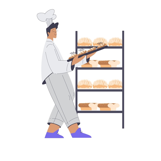 Panadería con Man Baker Personaje en uniforme con bandeja en el estante con ilustración vectorial de pan fresco