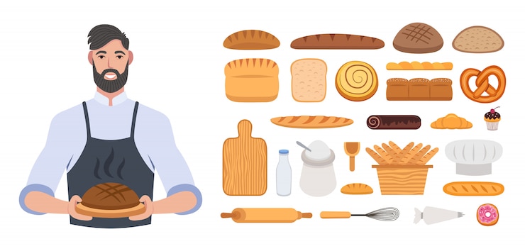 Vector panadería o panadería. hombre panadero conjunto de pan