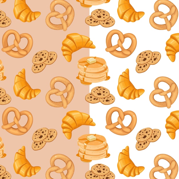 Panadería de patrones sin fisuras con Pretzel Croissant Pancakes Cookies Fondo de panadería