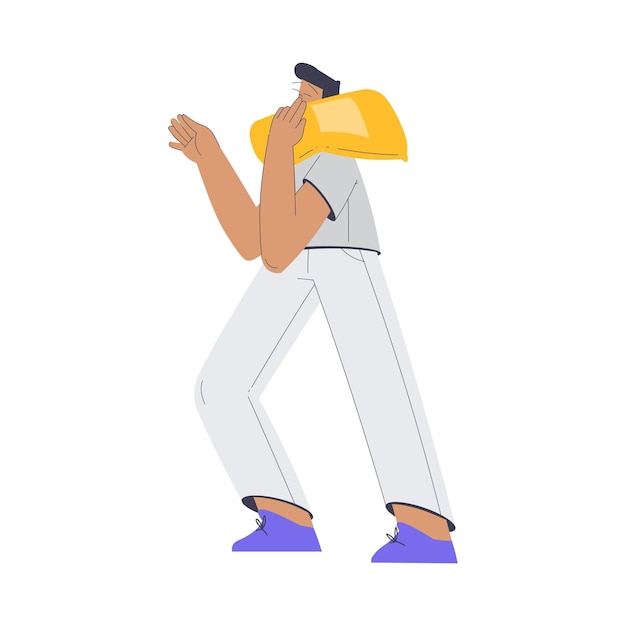 Panadería con personaje de Man Baker en uniforme Ilustración vectorial del paquete de harina de transporte