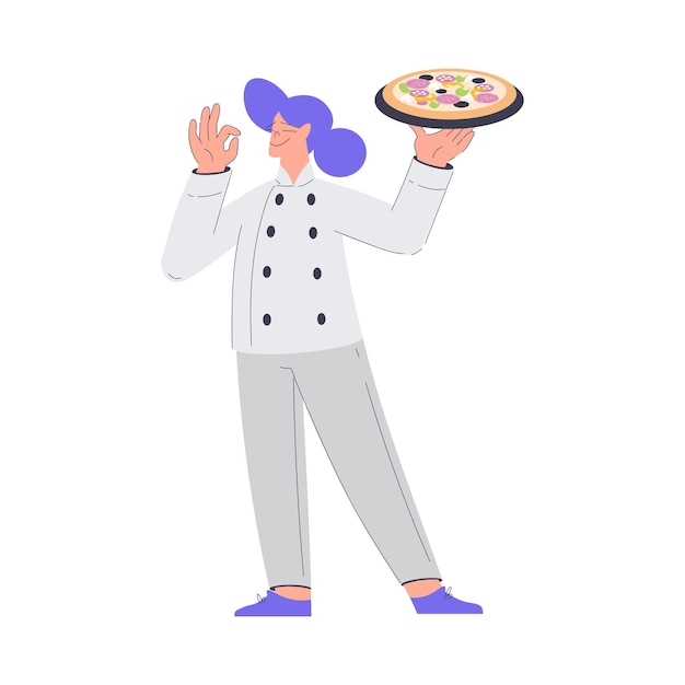 Panadería con personaje de mujer panadero en uniforme Sostenga la bandeja con ilustración vectorial de pizza