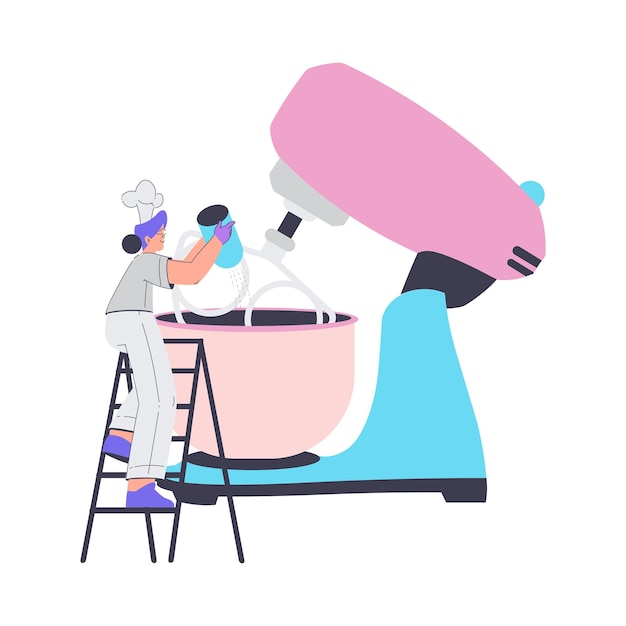 Panadería con personaje de panadera mujer en uniforme sube la escalera a la ilustración vectorial de mezclador enorme