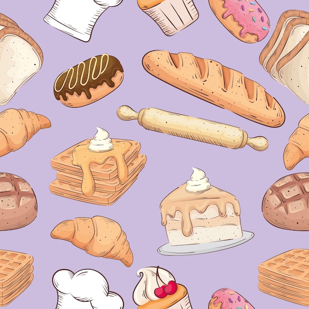 Vector panadería tienda iconos de trama de fondo, diseño de ilustraciones vectoriales
