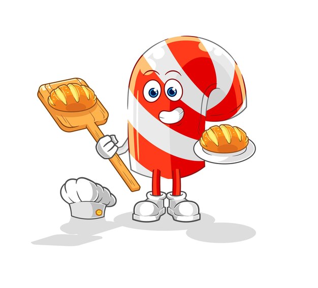 Panadero de bastón de caramelo con vector de mascota de dibujos animados de pan