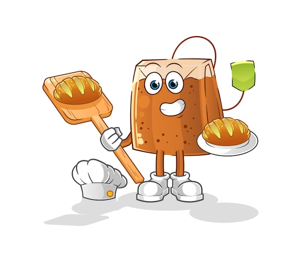 Panadero de bolsita de té con vector de mascota de dibujos animados de pan