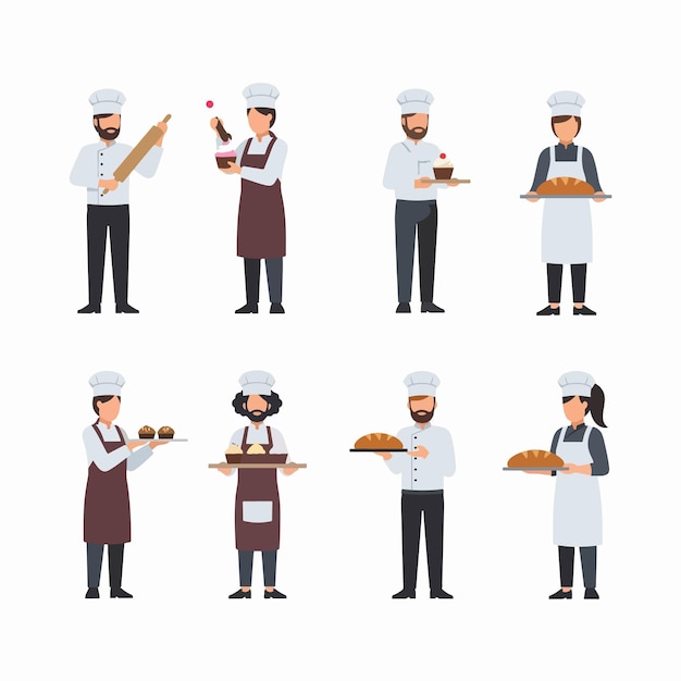Los panaderos hombres y mujeres trabajan pan cupcake