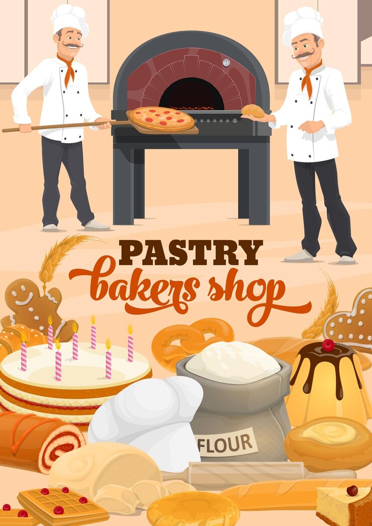 Vector panaderos con pan baguette pizza pastel y horno