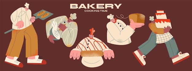 Vector panaderos de personajes retro de la cocina de los 90 ilustración maravillosa de estilo vintage de dibujos animados de una panadería