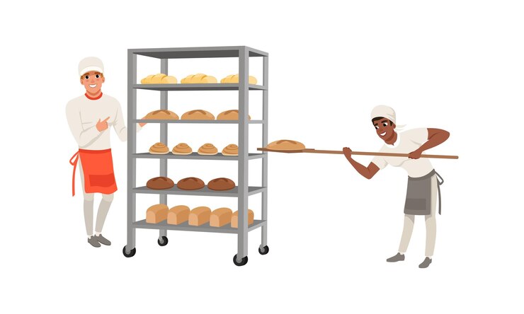 Vector panaderos profesionales establecen a un trabajador de panadería que lleva pan recién horneado en una pala de madera ilustración vectorial de dibujos animados