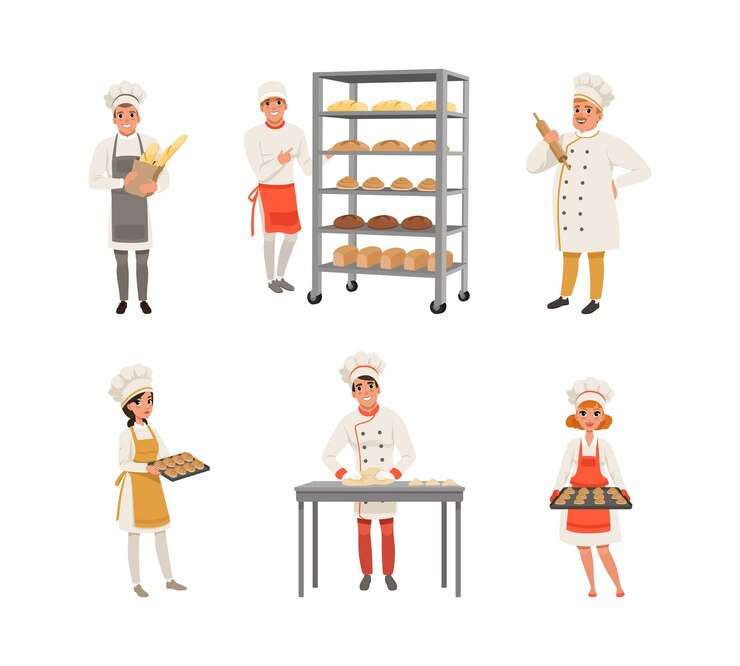 Vector panaderos profesionales horneando pan y pasteles establecidos trabajadores de panaderías sosteniendo bandejas con pan y panes recién horneados ilustración vectorial