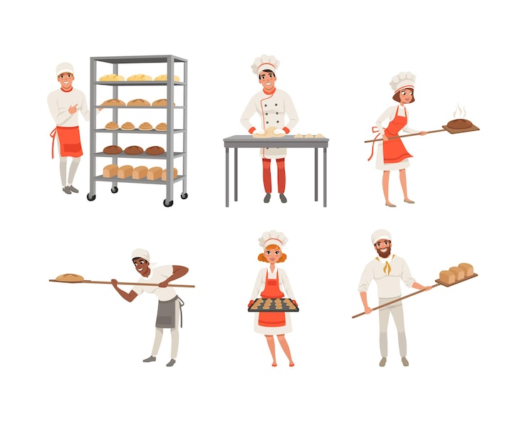 Vector los panaderos profesionales que hornean pan y pasteles establecen a los trabajadores de la panadería con pan y panes recién horneados. ilustración vectorial