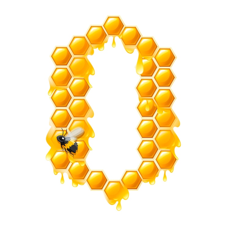 Vector panal número 0 con gotas de miel y abeja estilo de dibujos animados diseño de alimentos ilustración vectorial plana aislada sobre fondo blanco.